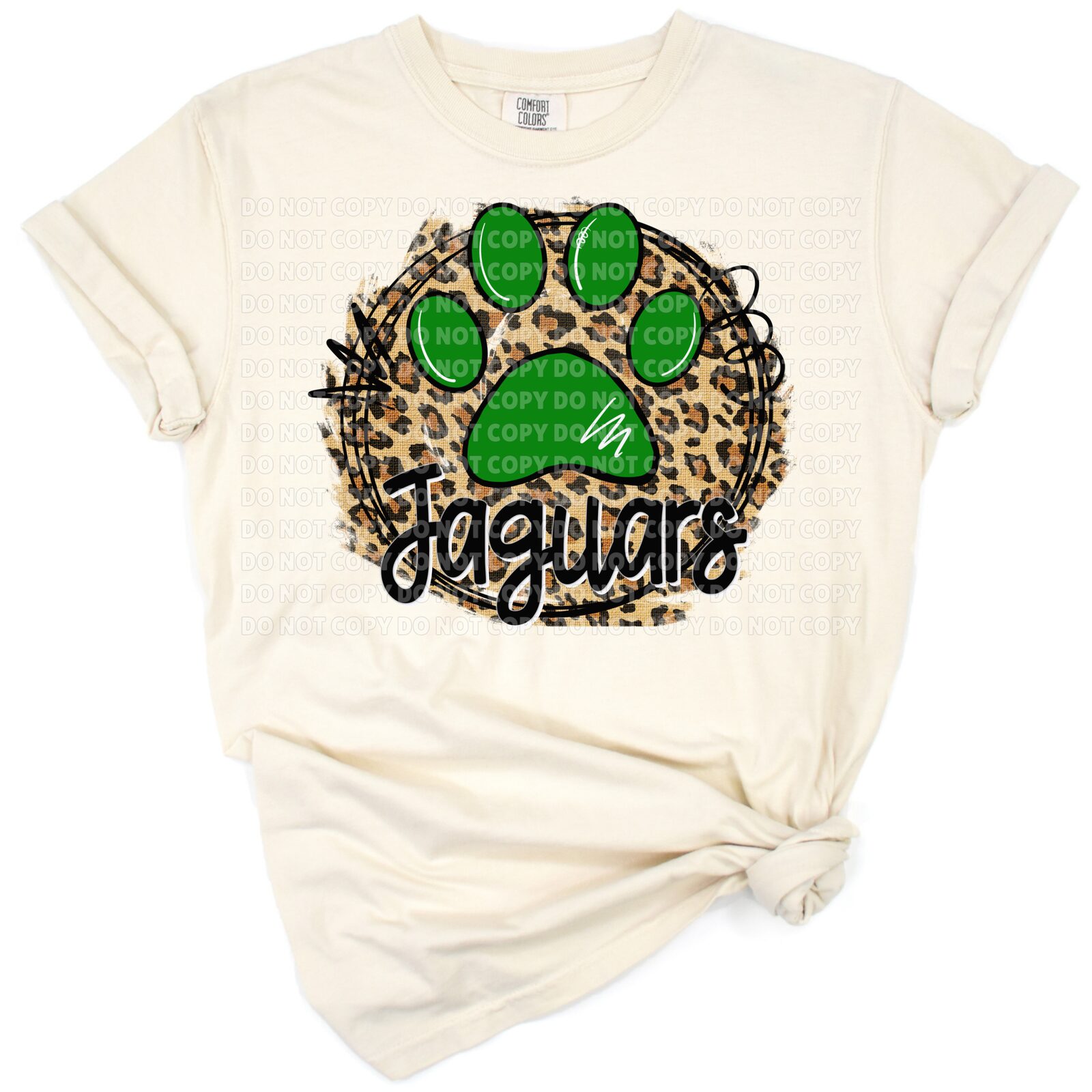 Leopard print jaguars text in a circle with an animal print background.