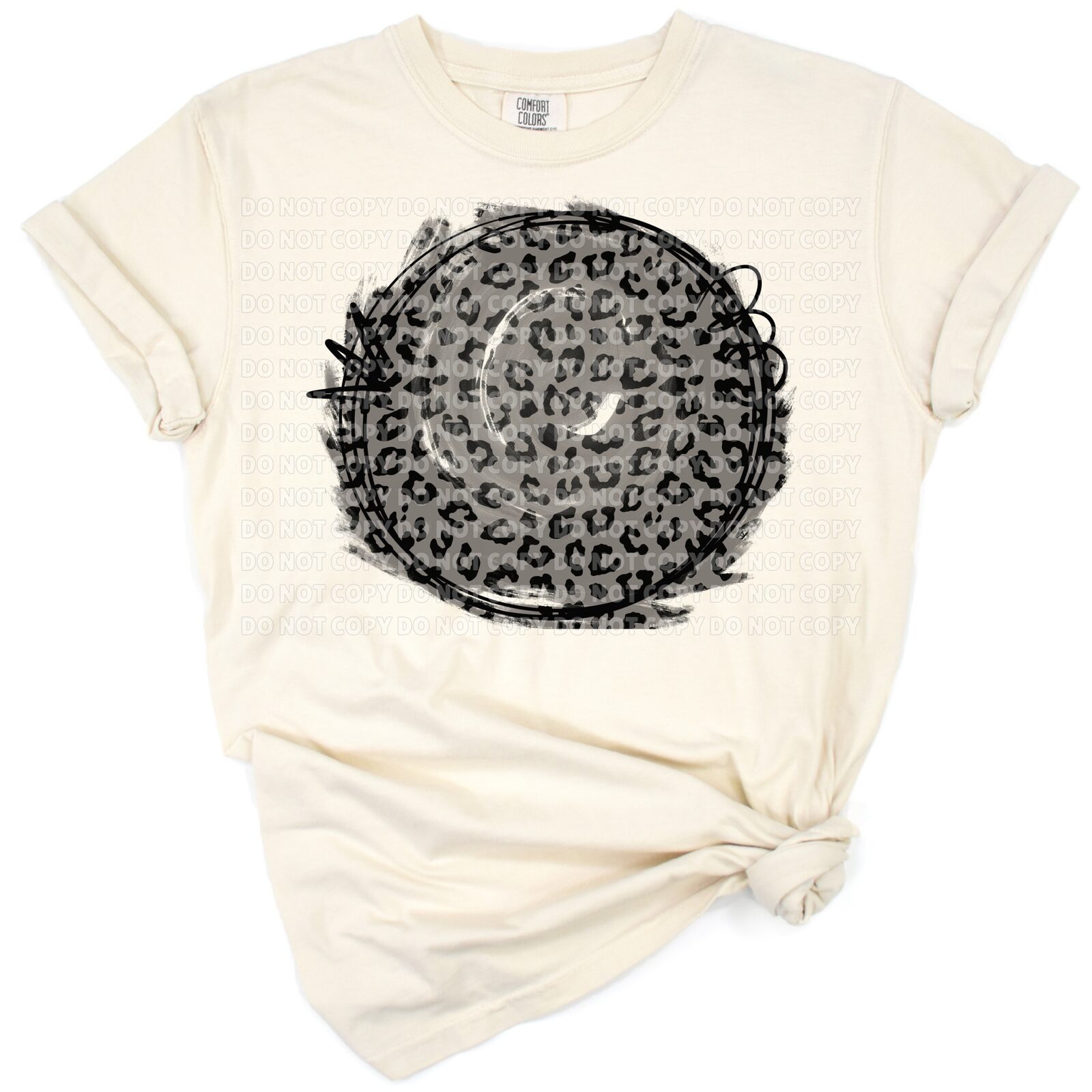 A stylized gray leopard print circle with playful doodle details.
