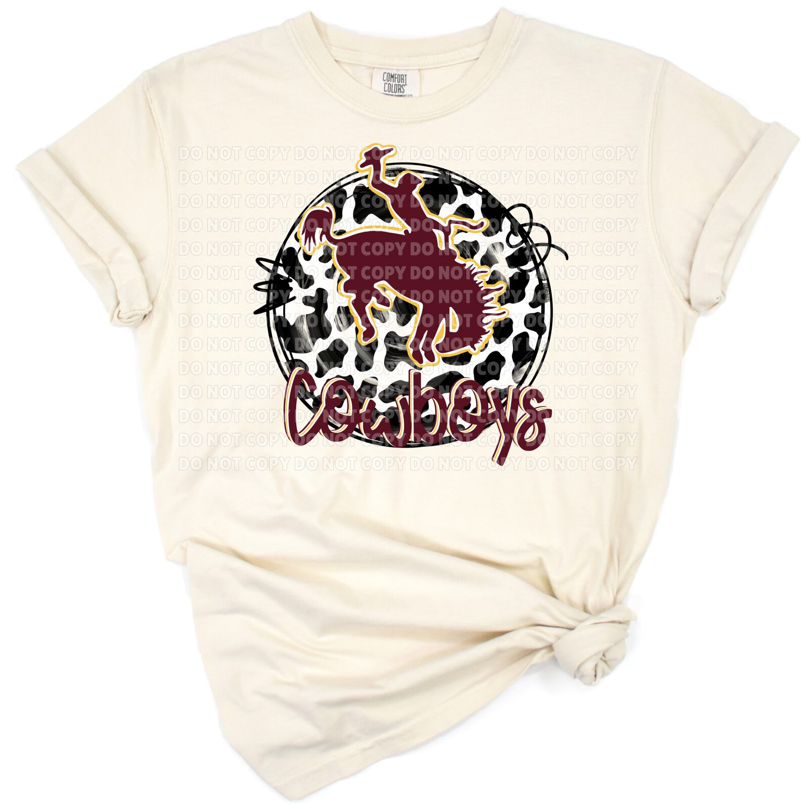 Cowboy themed artwork with a cow print pattern in a western style.