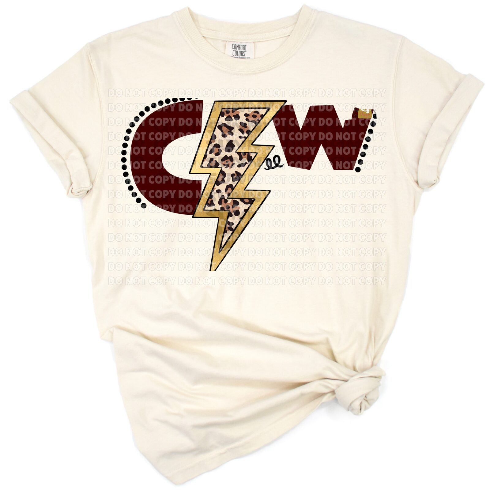 A cowboy-themed graphic with a leopard print lightning bolt for a trendy spirit design.