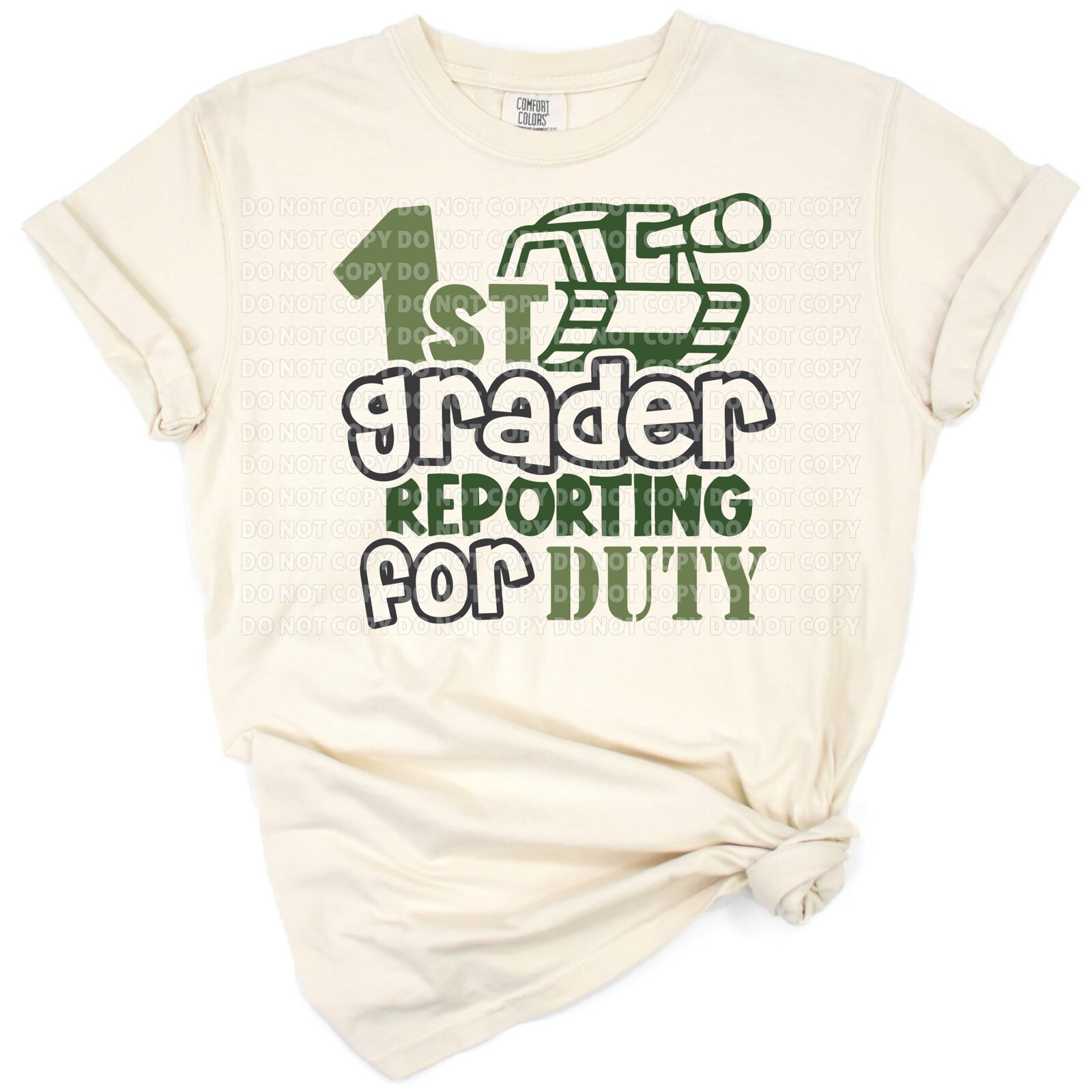 Cartoon first grader in army style reporting for duty with a playful back to school theme.