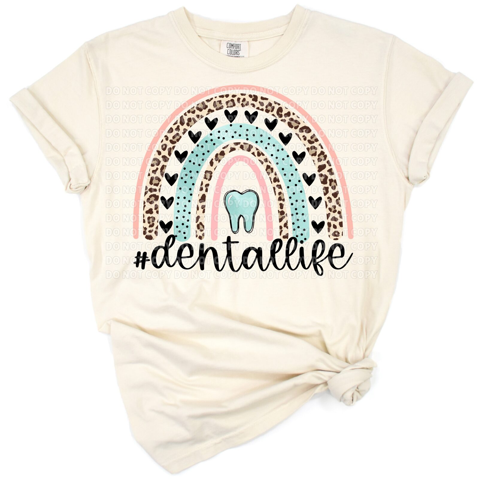 Hand drawn rainbow with hearts in blush and teal colors and dental life theme.