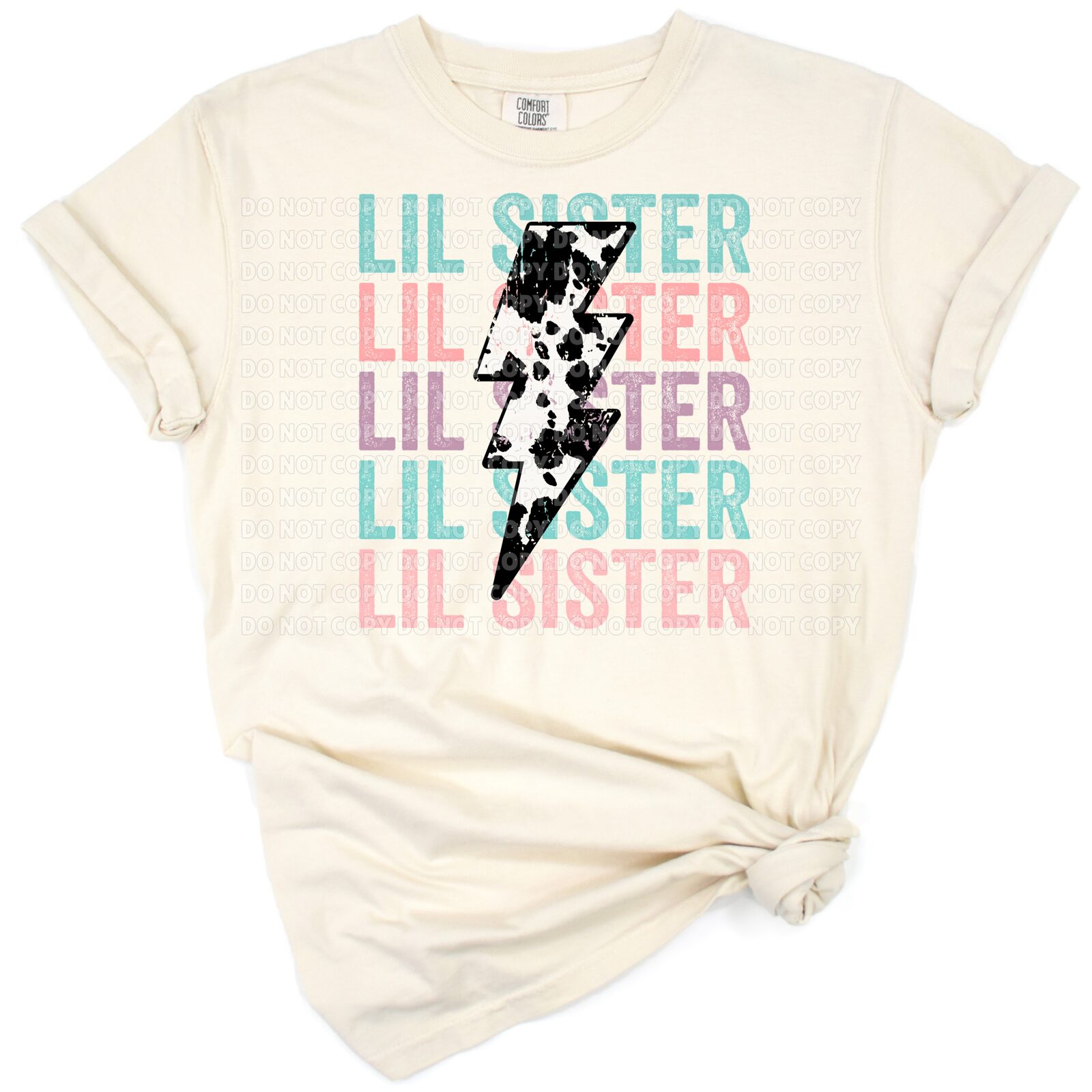 Stacked lil sister text with a cowhide print lightning bolt and cute kids style graphics.