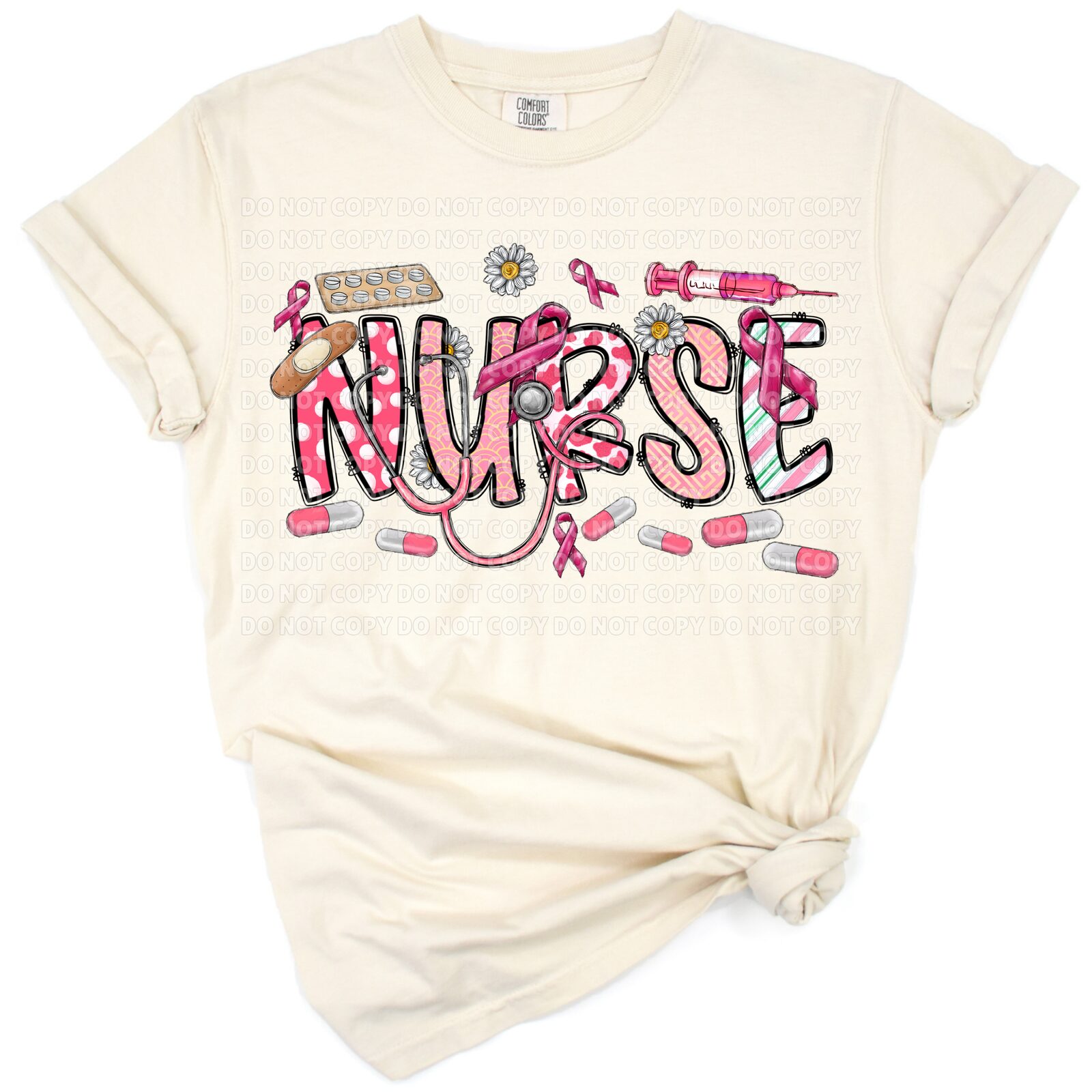 Illustration of a nurse with a pink ribbon for breast cancer awareness.