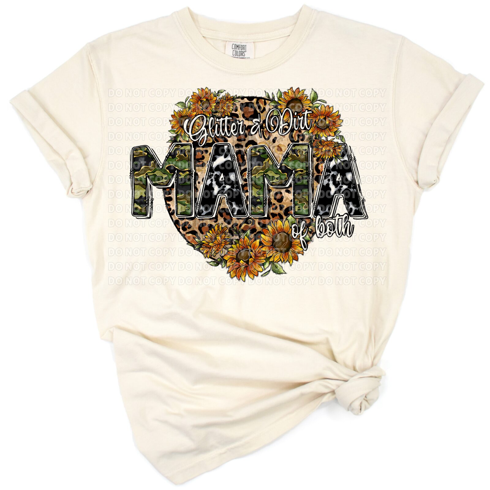A cheerful sunflower and camouflage artwork with glitter accents and a hand lettered mama theme.
