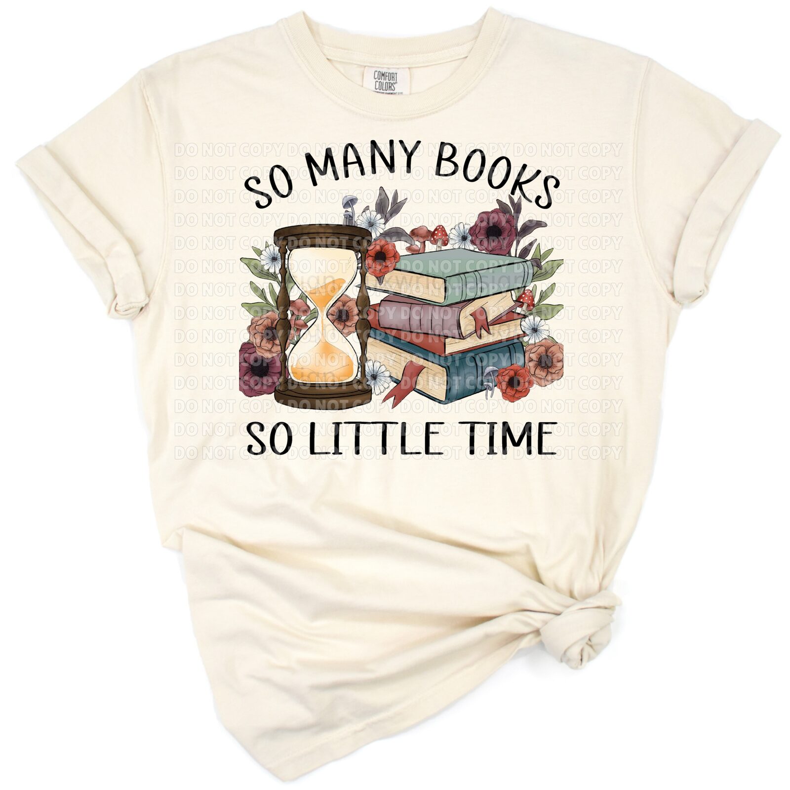 Colorful retro style illustration of a stack of books with a playful reading quote.