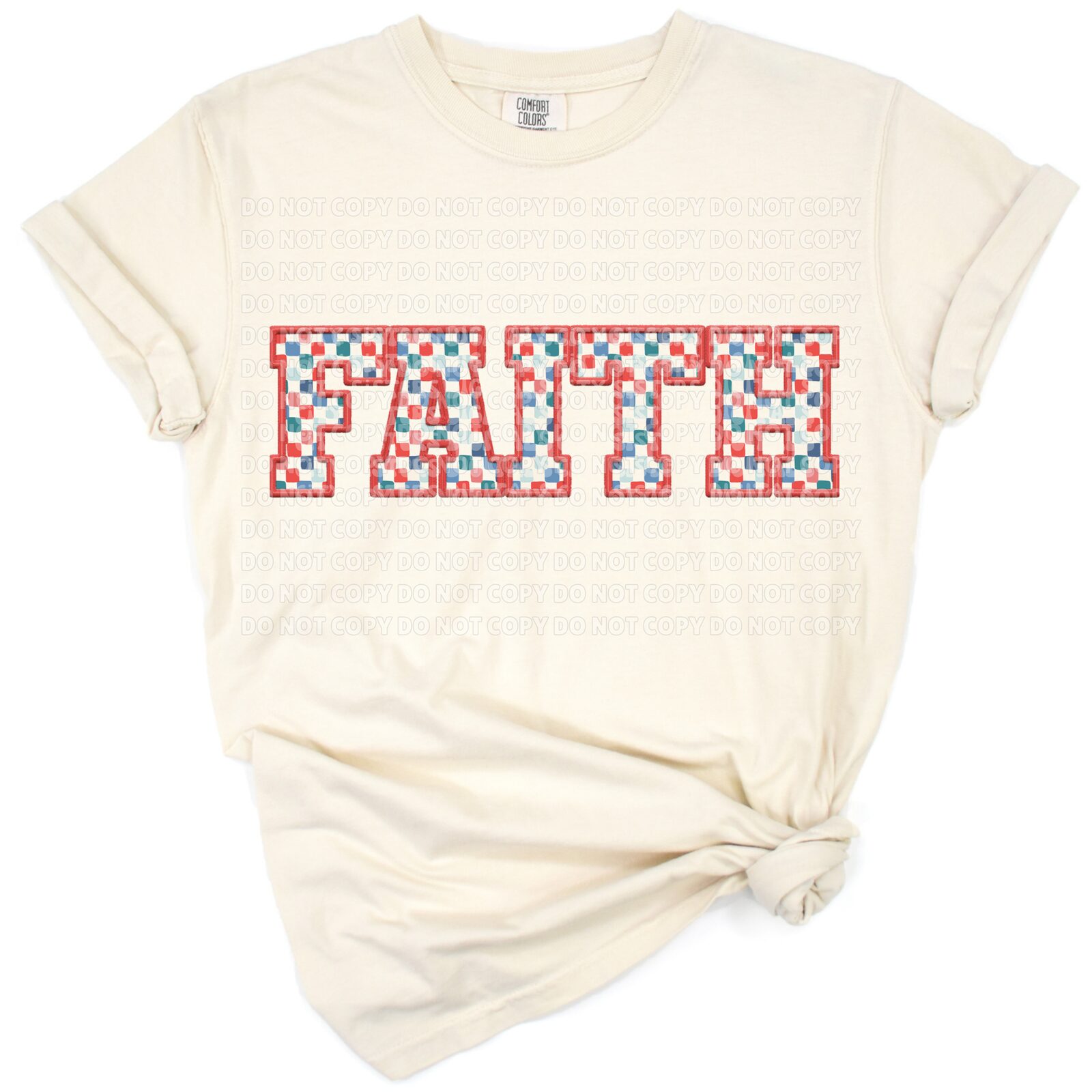 Retro faith artwork with checkerboard pattern and inspiring Christian message.