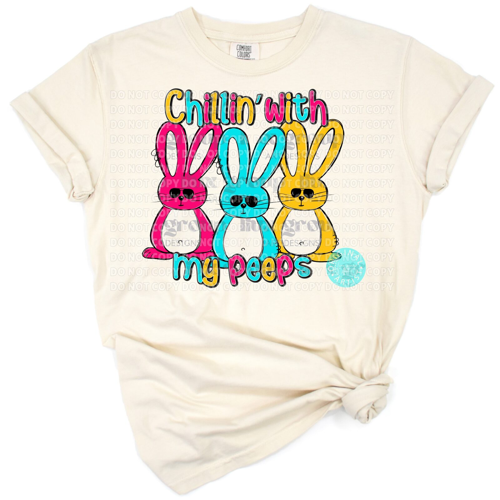 A cartoon bunny relaxing with colorful marshmallow peeps on a pastel background.