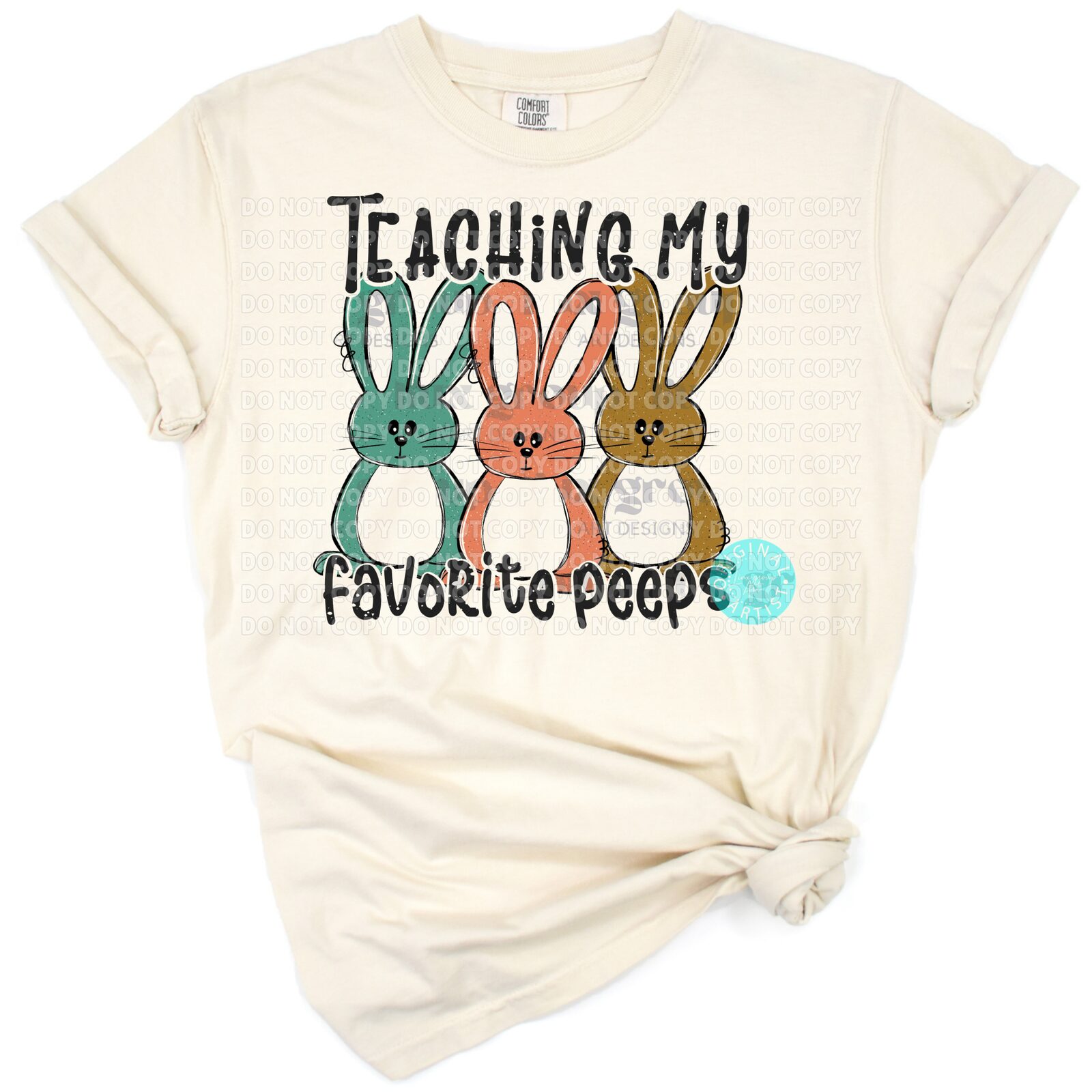 Pastel bunny peeps and playful teacher text with Easter theme