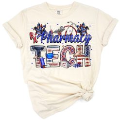 A pharmacy technician themed design with leopard print and an American flag for a patriotic vibe.