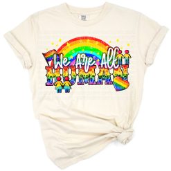 A retro rainbow-themed illustration with diverse figures and a bold love is love message.