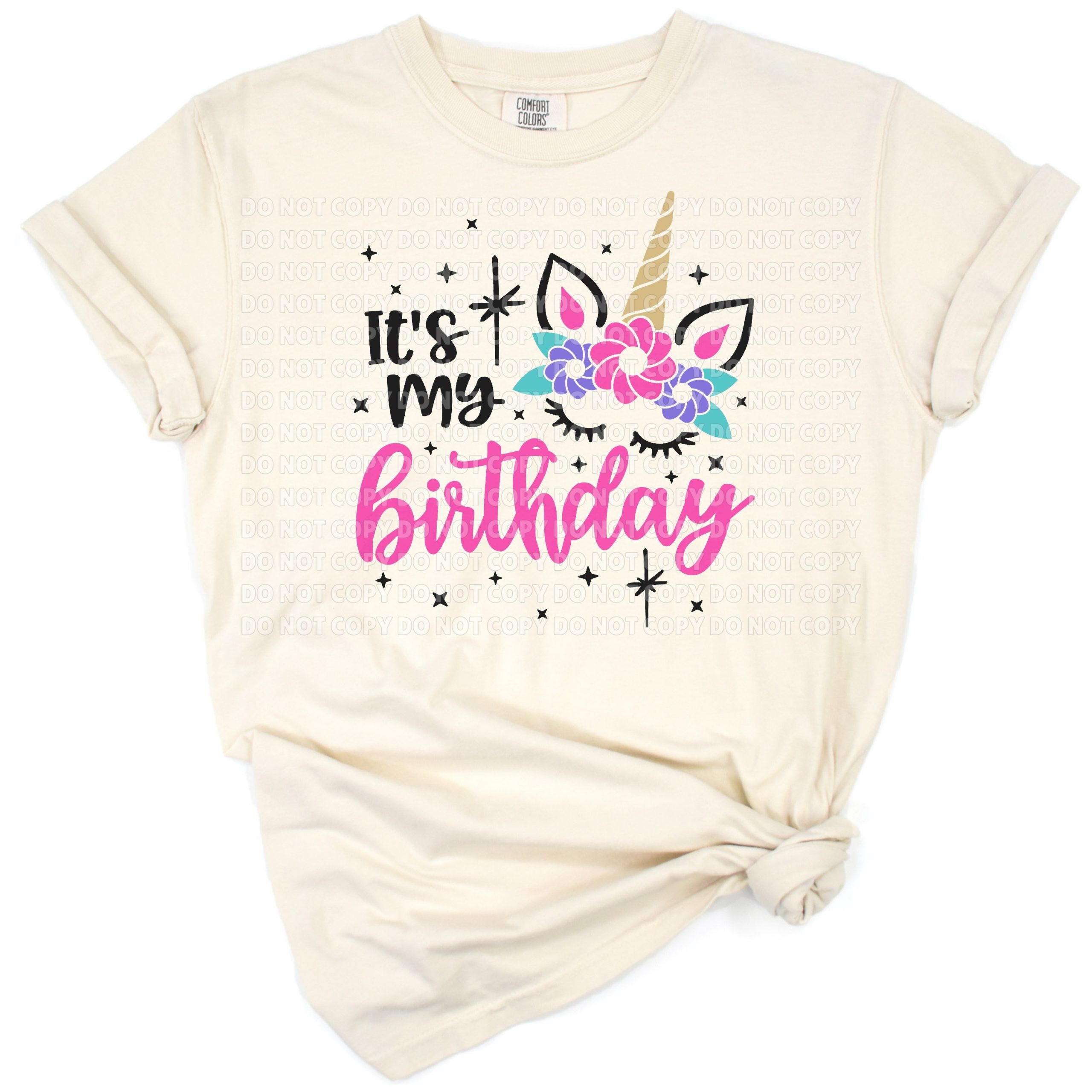 A cute pastel unicorn with floral accents and birthday elements for kids.