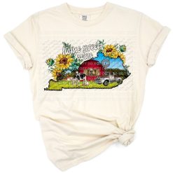 Kentucky state map filled with cowhide pattern, sunflowers, and colorful serape accents.