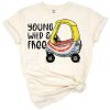 A playful retro style design with young wild and free text, patriotic colors, and stars for kids.