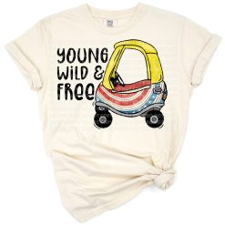 A playful retro style design with young wild and free text, patriotic colors, and stars for kids.