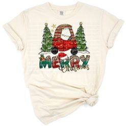 A playful red car full of children with jingle bells and Christmas decorations