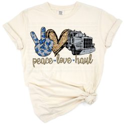 A retro-inspired peace sign, heart, and blue truck in a cheerful haul-themed design.