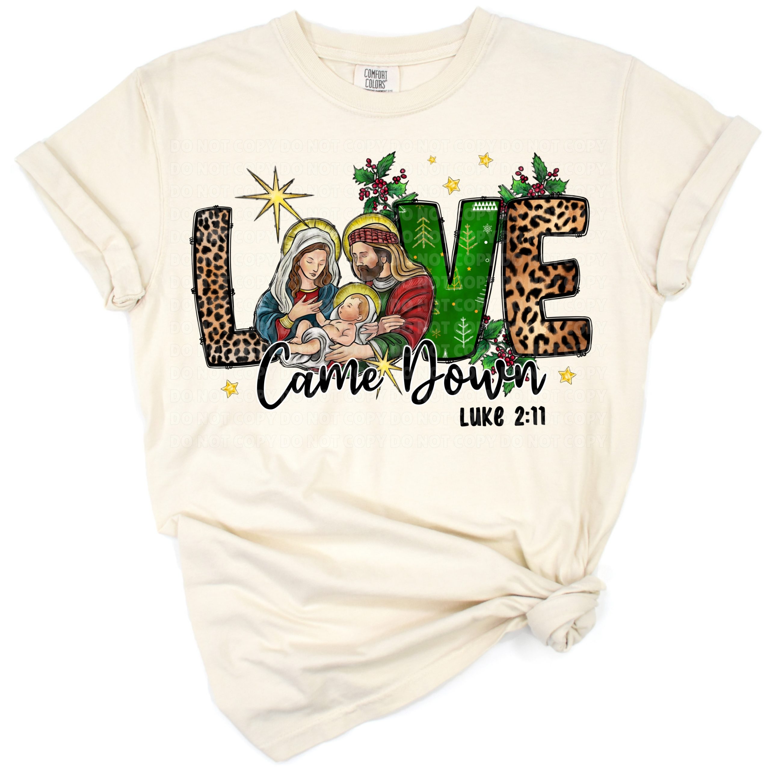A nativity scene in western style with gemstone turquoise accents and Christmas elements.