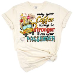 A retro illustration featuring a coffee cup and school bus with a playful driver quote.