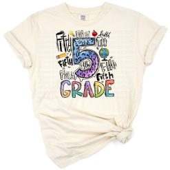 A colorful and playful fifth grade back to school graphic with fun lettering and cheerful accents.