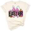 A happy Easter bunny in Western style surrounded by pastel Easter decorations.