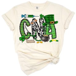 A cheerful Certified Nursing Assistant design with green shamrocks and festive St. Patrick's Day elements.