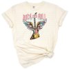 A retro-inspired design featuring musical notes and classic rock and roll elements in a vintage style.
