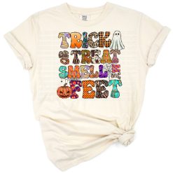 A playful pumpkin and ghost illustration with spooky Halloween elements.