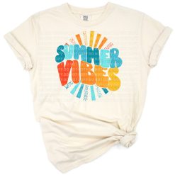 A retro-inspired boho summer vibes graphic with bright colors and a distressed style.