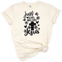 A whimsical script design reading Just a Girl Who Loves Jesus with soft accents.