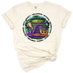 A whimsical Halloween design with a witch, cauldron, and pumpkins in a festive spooky setting.