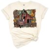 A rustic country barn scene with a vintage farm truck, cow, windmill, leopard pattern, and cowhide accents.