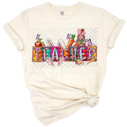 A cheerful teacher design with bunny ears and Easter accents.