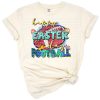 A cheerful Easter-themed design featuring decorated eggs and a football.