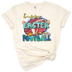 A cheerful Easter-themed design featuring decorated eggs and a football.
