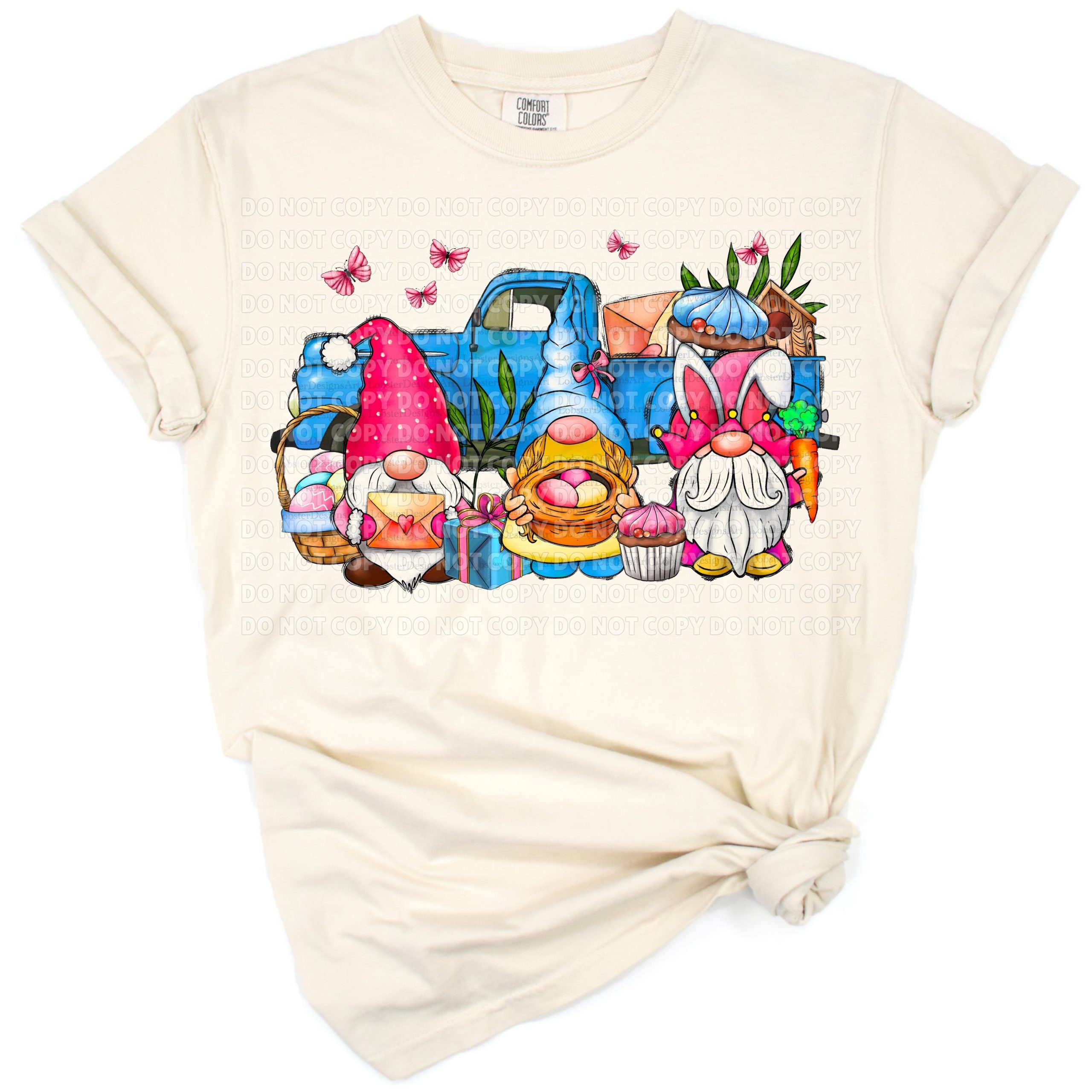 A cheerful illustration of a vintage truck carrying a bunny and gnome decorated for Easter.