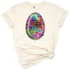 A retro inspired Easter bunny surrounded by colorful decorated Easter eggs.