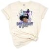 A cute illustration of a mermaid birthday girl with afro puff hair and a ponytail, wearing a party outfit.