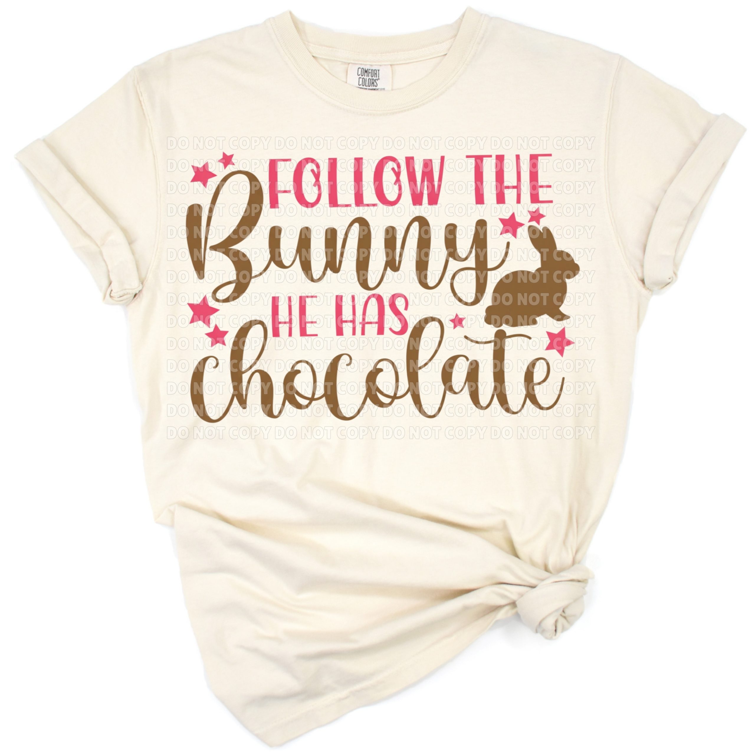 A cute bunny holding chocolate with playful Easter elements.