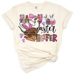 A happy heifer cow with bunny ears surrounded by spring and western Easter accents.