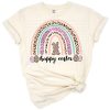 A cute Easter bunny with a colorful rainbow and animal print hearts in a cheerful watercolor style.