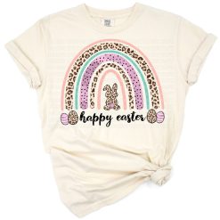 A cute Easter bunny with a colorful rainbow and animal print hearts in a cheerful watercolor style.