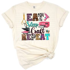 Colorful retro artwork with the phrase Eat Sleep Craft Repeat for creative enthusiasts.