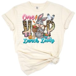 A playful western-style lunch lady dressed for Easter with fun spring elements.
