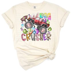 Monster truck crushing decorated Easter eggs with a bunny in a western theme artwork.