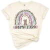 A cheerful Easter bunny with a rainbow and leopard print heart in a watercolor style.