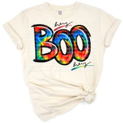 Hand drawn colorful tie dye ghost with Halloween elements
