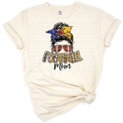 A blue and gold distressed design featuring the phrase Football Mom with sporty elements.