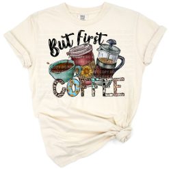 A playful western style coffee cup with leopard print accents and scattered coffee beans.