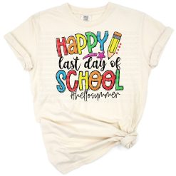 A cheerful design featuring happy kids and a teacher celebrating the last day of school with summer elements.